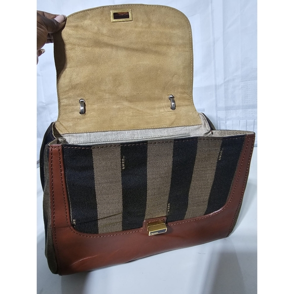 Fendi Silvana Bag Leather with Pequin Striped Canvas Brown - Picture 10 of 12